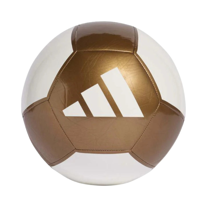Brown and white soccer ball with Adidas logo on a white background
