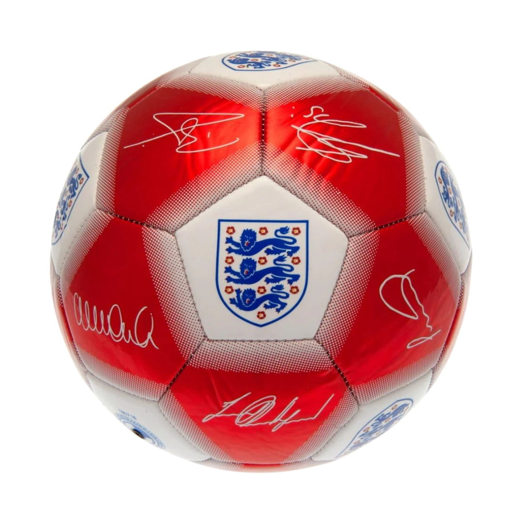 Red and white soccer ball with England national team logo and signatures on a white background