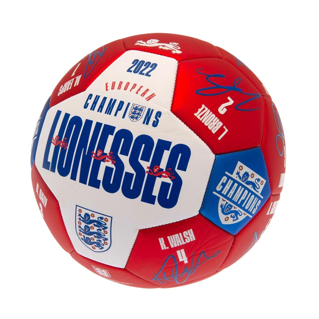 Red and white soccer ball with 'Lionesses' and 'European Champions' text on a white background