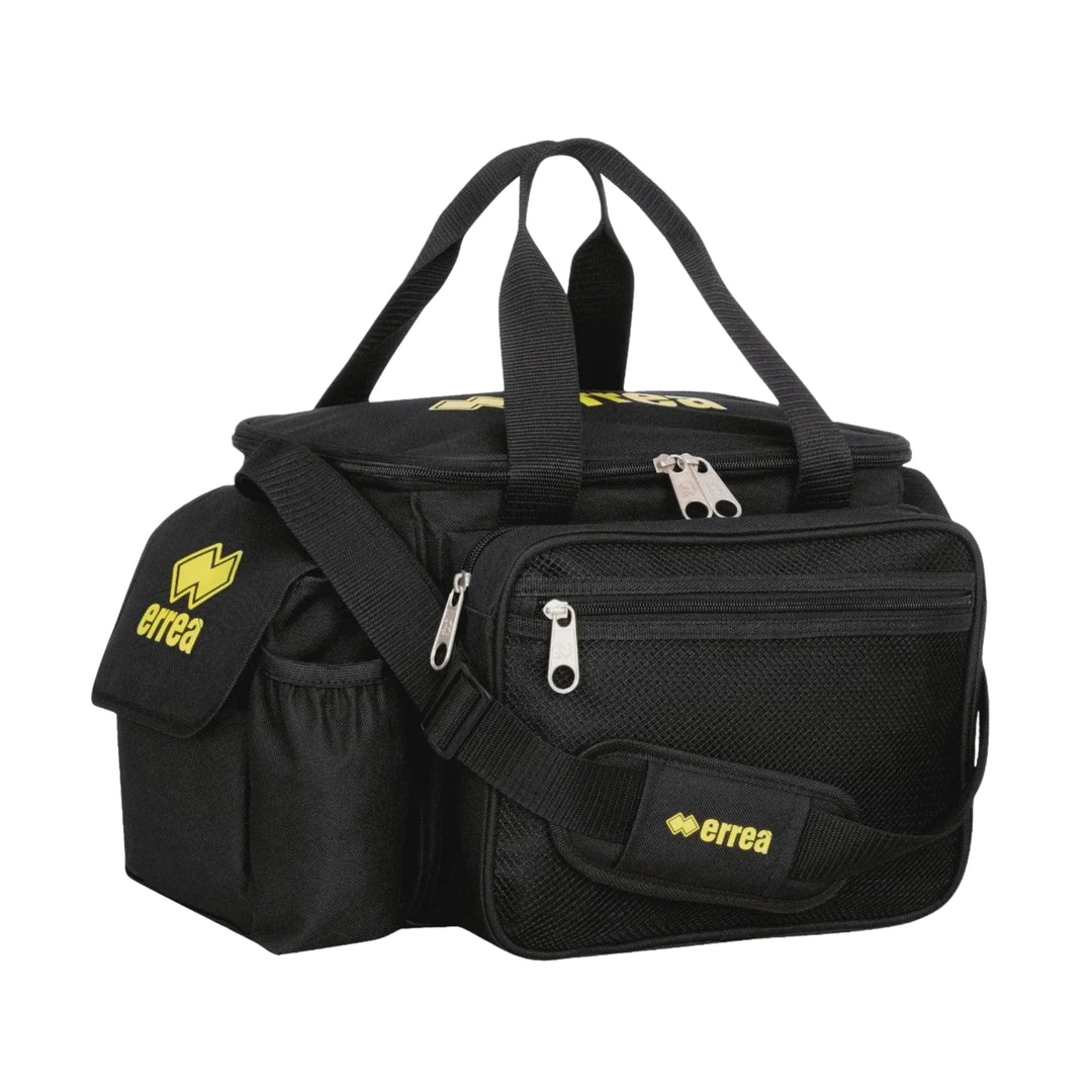 A black Errea utility bag with dual top handles, a front zippered pocket, a side mesh pocket, and a shoulder strap, shown on a plain white background.