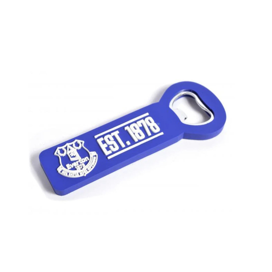 Blue bottle opener with white text and logo on a white background