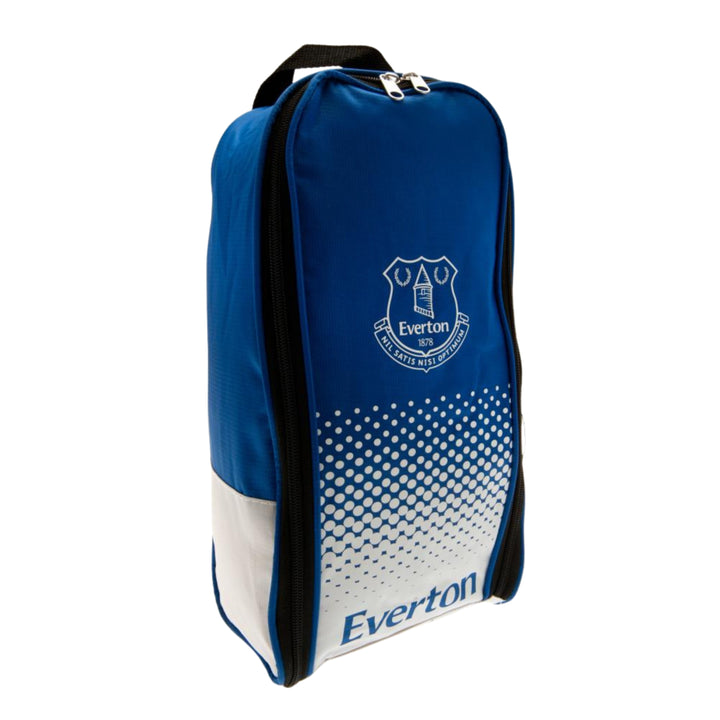 A blue and white Everton football club boot bag with the club's crest printed on the front, a white gradient dot pattern, and the Everton name in blue at the bottom.