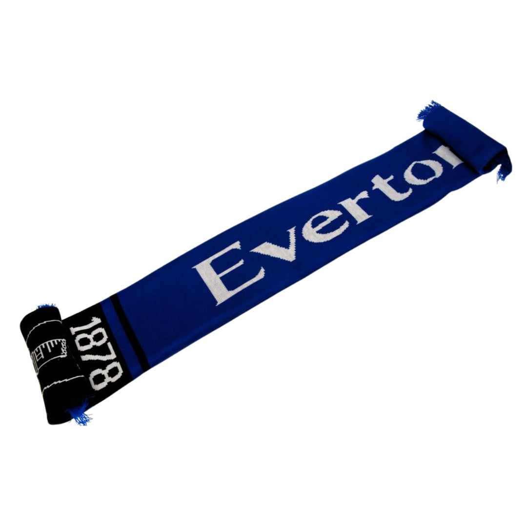 A blue and black Everton scarf with white lettering, shown diagonally on a plain white background.