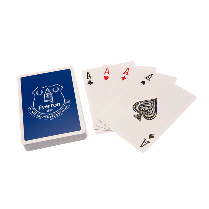 A deck of playing cards with a blue back featuring the Everton 1896 crest, shown with four aces fanned out on a white background.