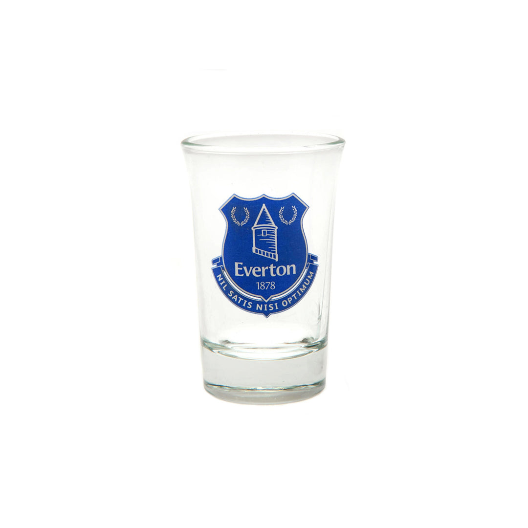 A clear glass shot glass featuring the blue Everton FC crest printed on the front, set against a plain white background.