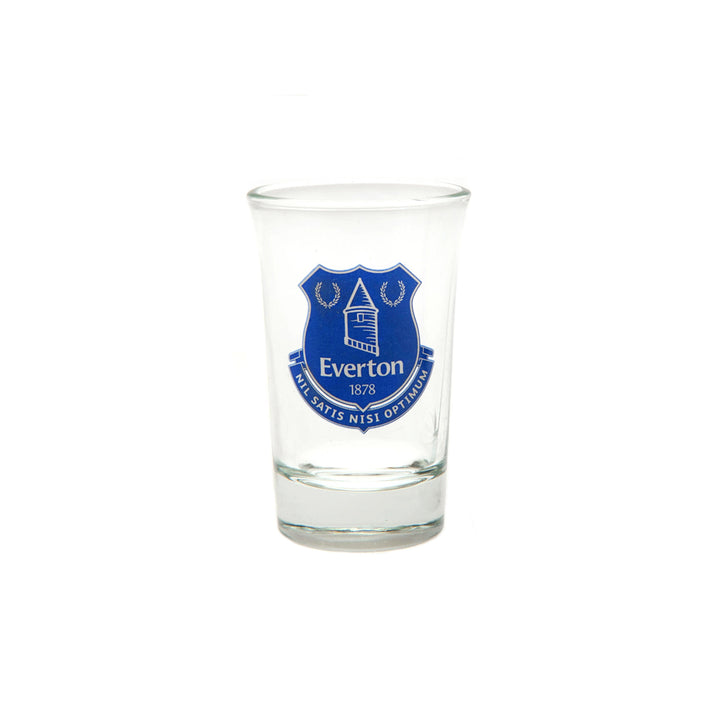A clear glass shot glass featuring the blue Everton FC crest printed on the front, set against a plain white background.
