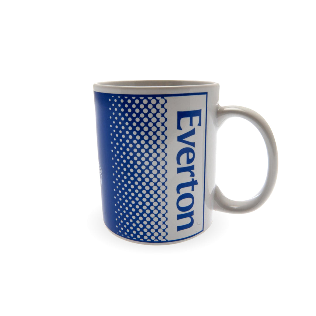 A white ceramic mug featuring a blue and white halftone pattern on the left side and the word 'Everton' printed vertically in blue on the right side.