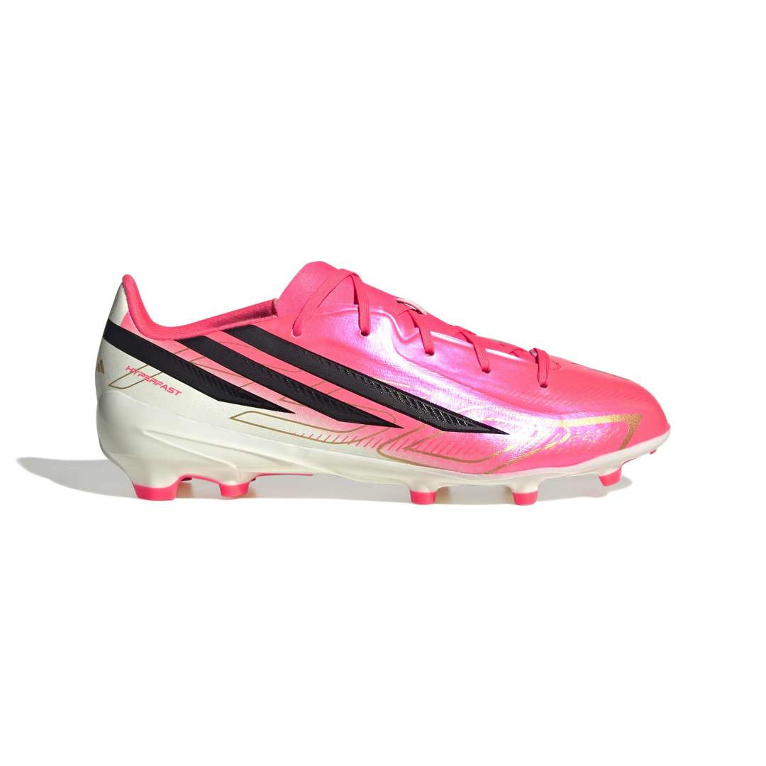 Pink soccer cleat with black stripes on a white background