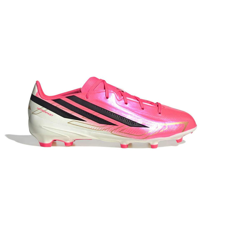 Pink soccer cleat with black stripes on a white background