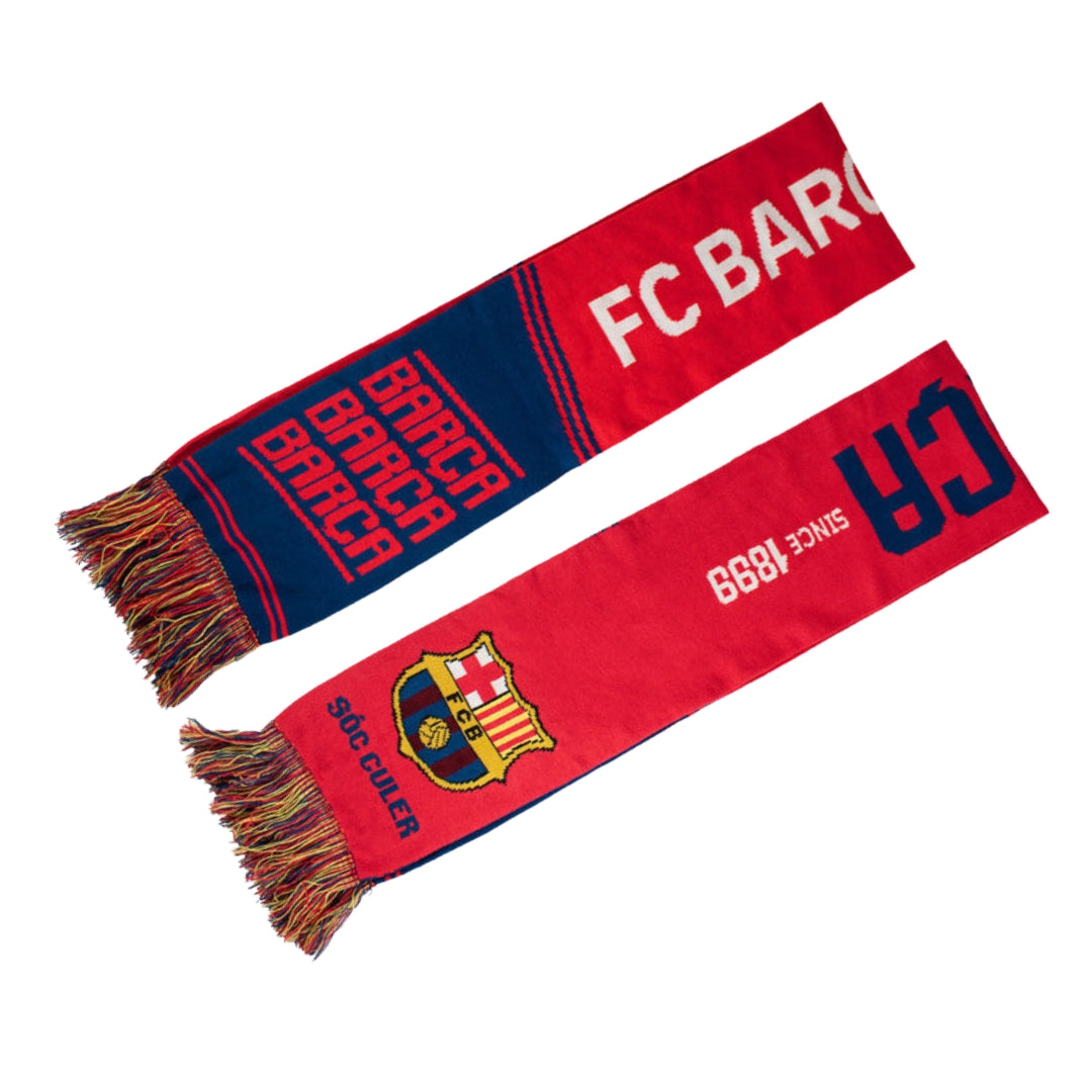 Two FC Barcelona scarves on a white background