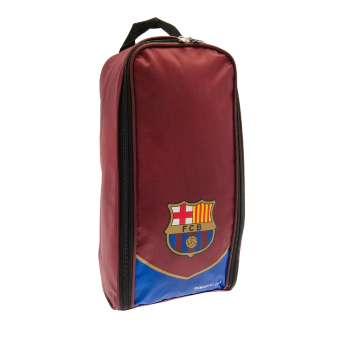 A maroon FC Barcelona zippered shoe bag with a blue and gold crest on the front, black zippers, and a black top handle, shown on a plain white background.