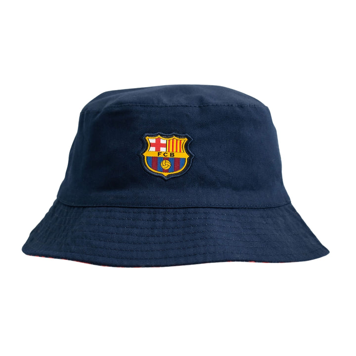 Navy blue bucket hat with FC Barcelona logo on a white background