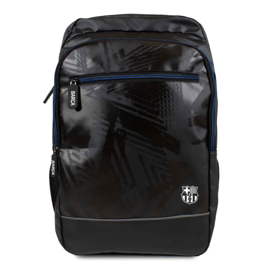 A black backpack with a subtle geometric pattern, featuring a blue zipper, a white FC Barcelona crest on the bottom right, and a vertical 'BARÇA' zipper pull on the left side.