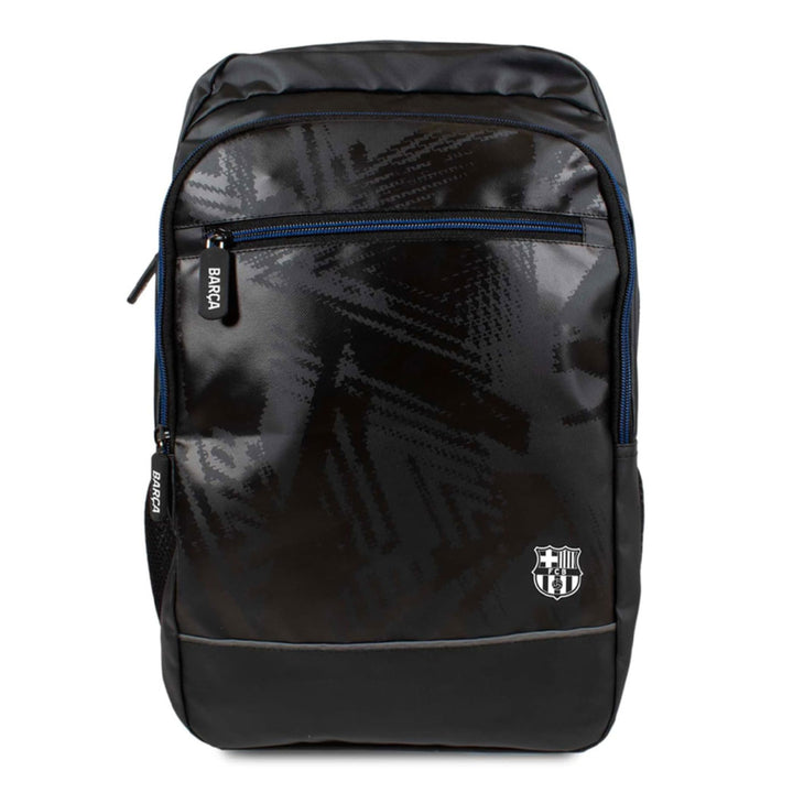 A black backpack with a subtle geometric pattern, featuring a blue zipper, a white FC Barcelona crest on the bottom right, and a vertical 'BARÇA' zipper pull on the left side.