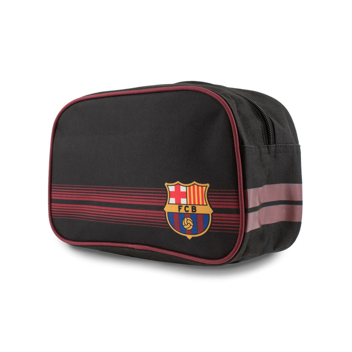 A black FC Barcelona zippered toiletry bag with red and navy stripes and the official FC Barcelona crest on the front, set against a plain white background.