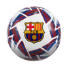 A white soccer ball featuring the FC Barcelona crest in the center, surrounded by red and blue geometric patterns on a white background.