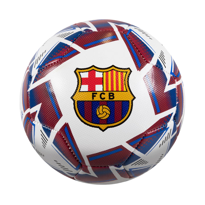 A white soccer ball featuring the FC Barcelona crest in the center, surrounded by red and blue geometric patterns on a white background.