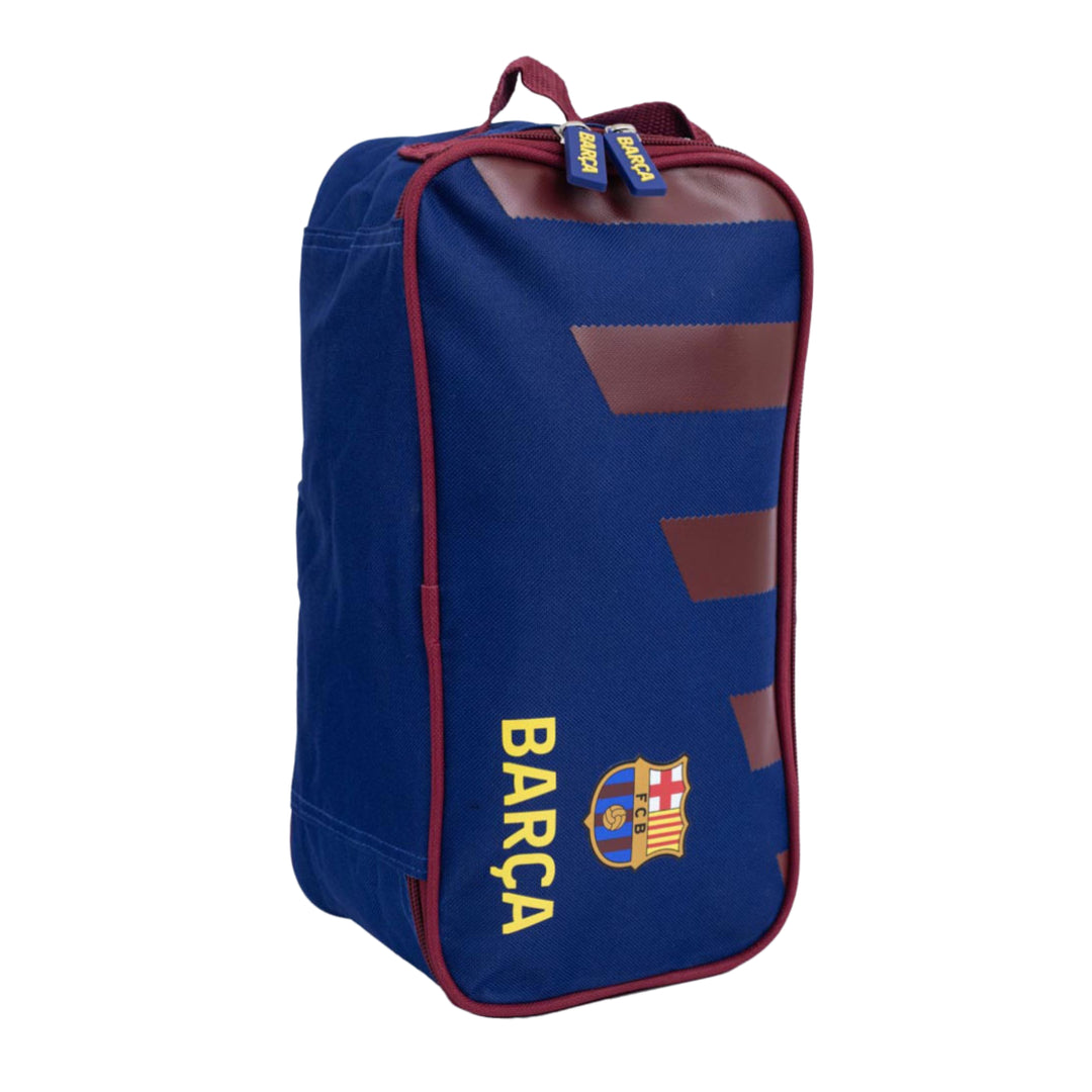 A navy blue FC Barcelona boot bag with burgundy trim, featuring the yellow 'BARÇA' text and club crest on the front, set against a plain white background.