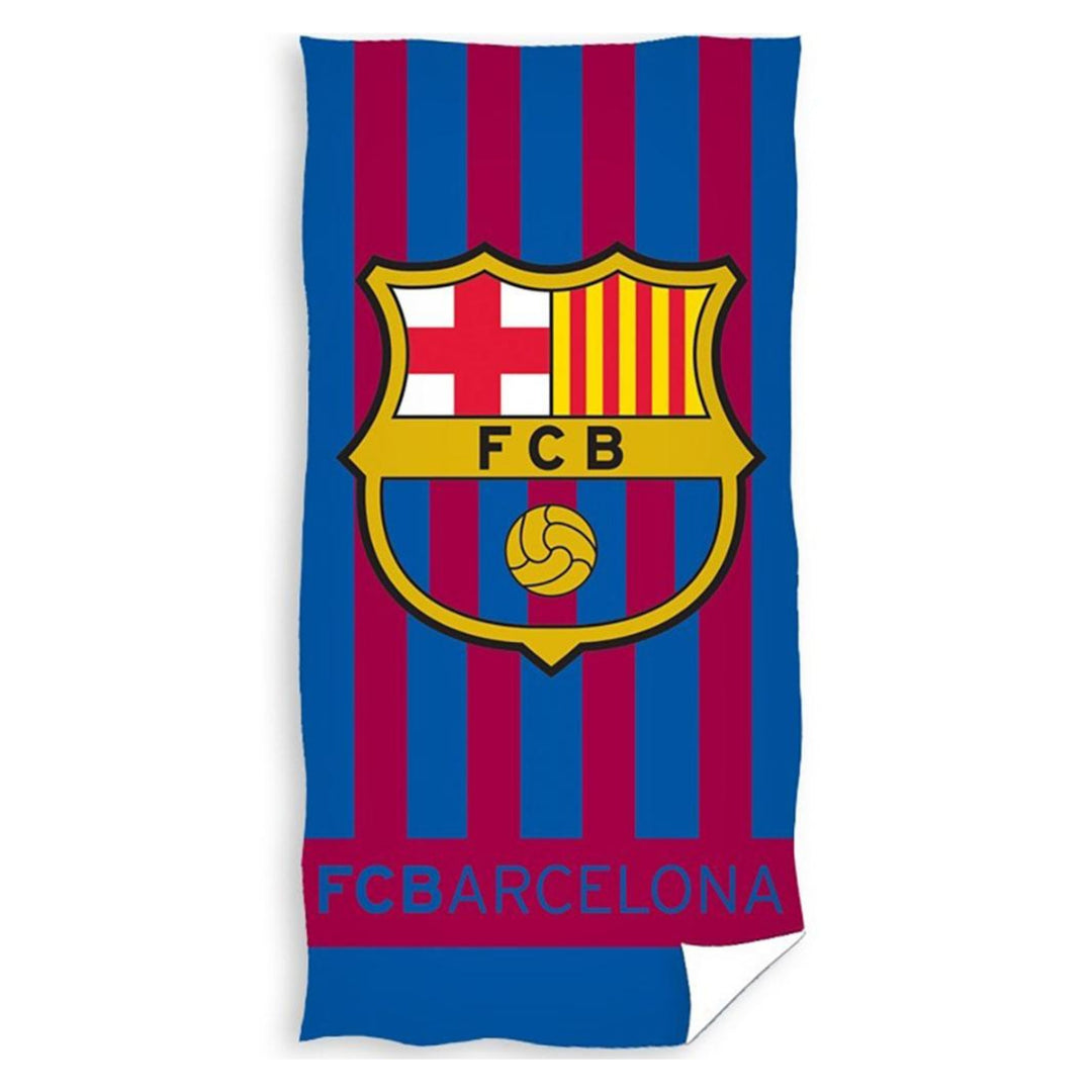 A Barcelona FC beach towel featuring the club's iconic blue and red vertical stripes, with the central FC Barcelona crest and 'FCBARCELONA' text printed on a white background.