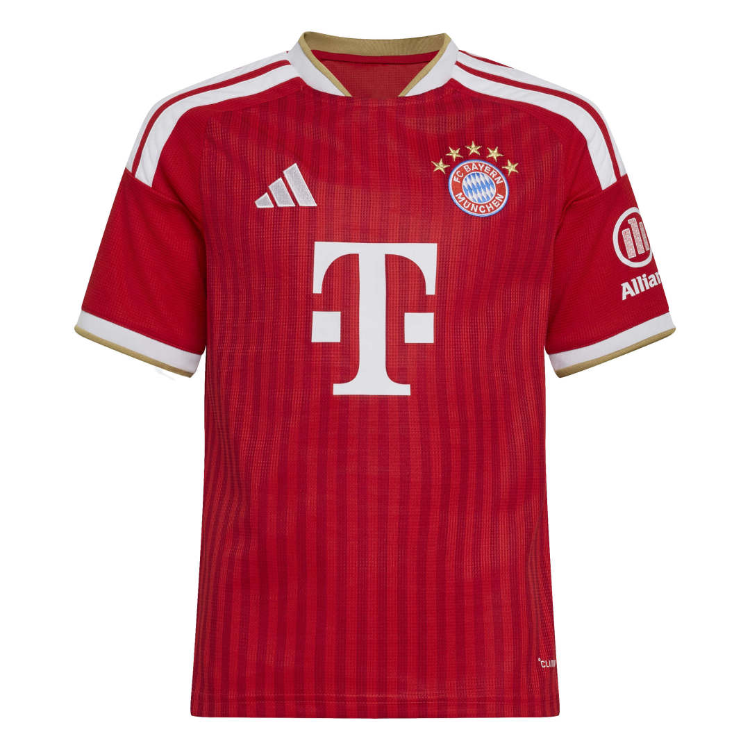 A red short-sleeve soccer jersey with white stripes, a large white T-Mobile logo on the chest, the Bayern Munich club crest, and an Adidas logo, shown on a plain white background.