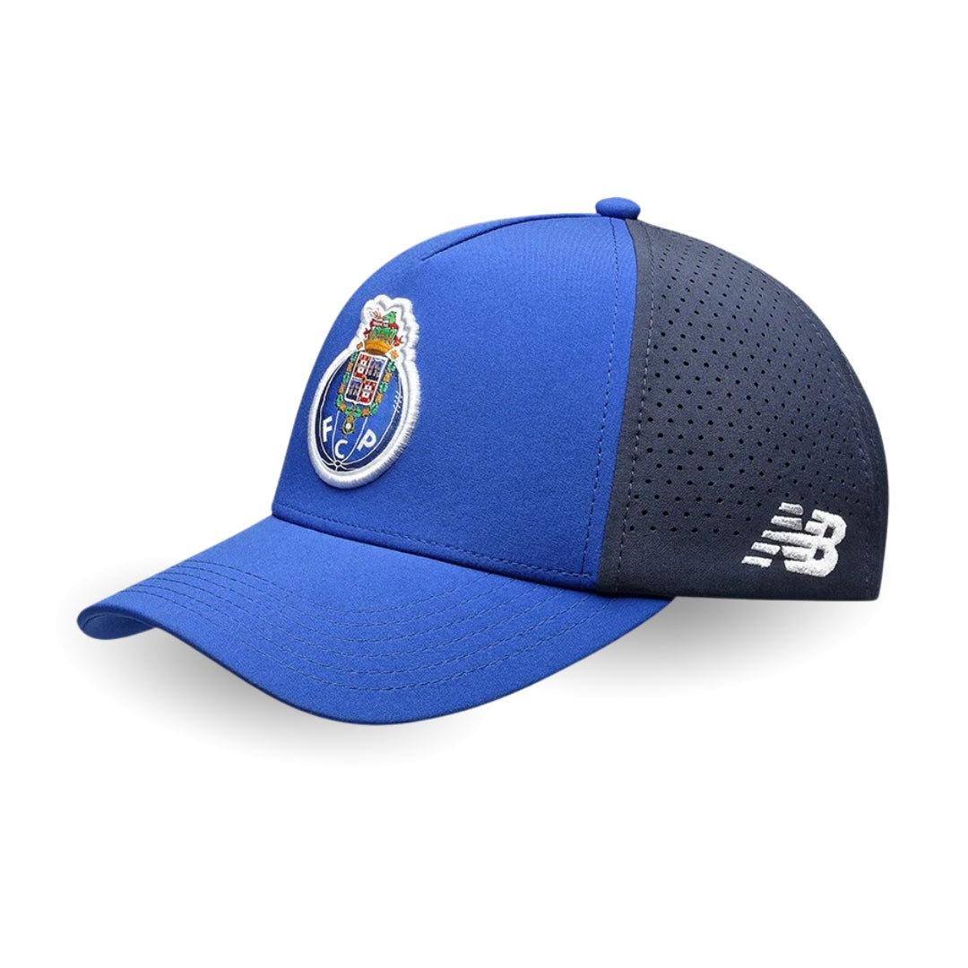Blue baseball cap with a logo on a white background