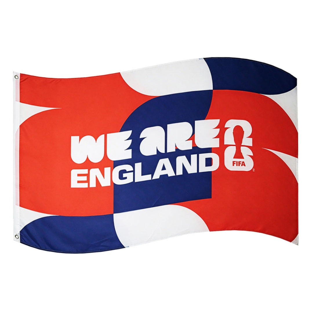 Flag with 'We Are England' text and FIFA logo on a white background