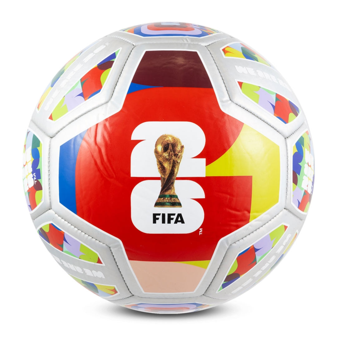 Colorful soccer ball with FIFA logo and World Cup trophy on a white background