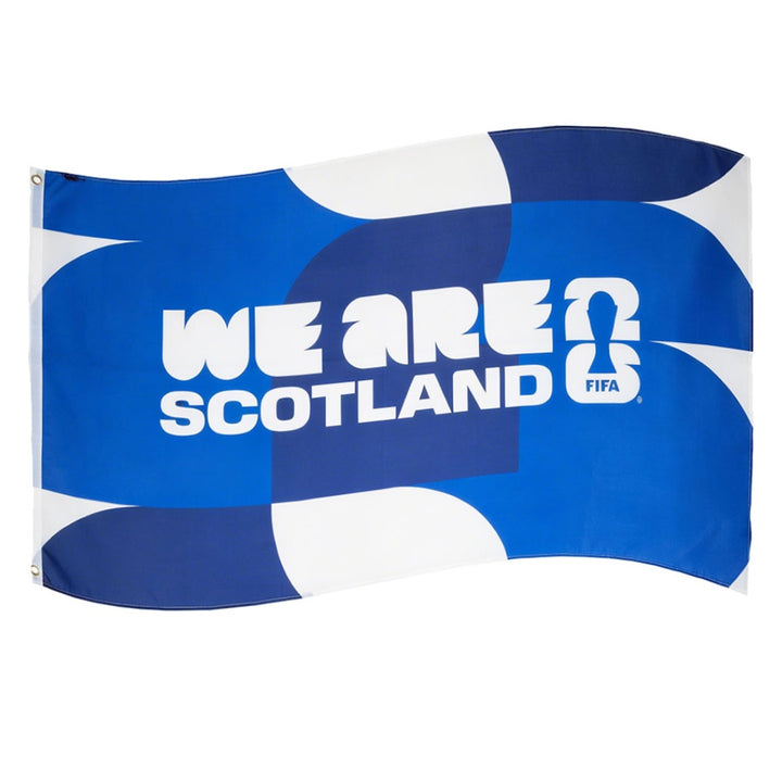Flag with 'We Are Scotland' text and FIFA logo on a blue and white background