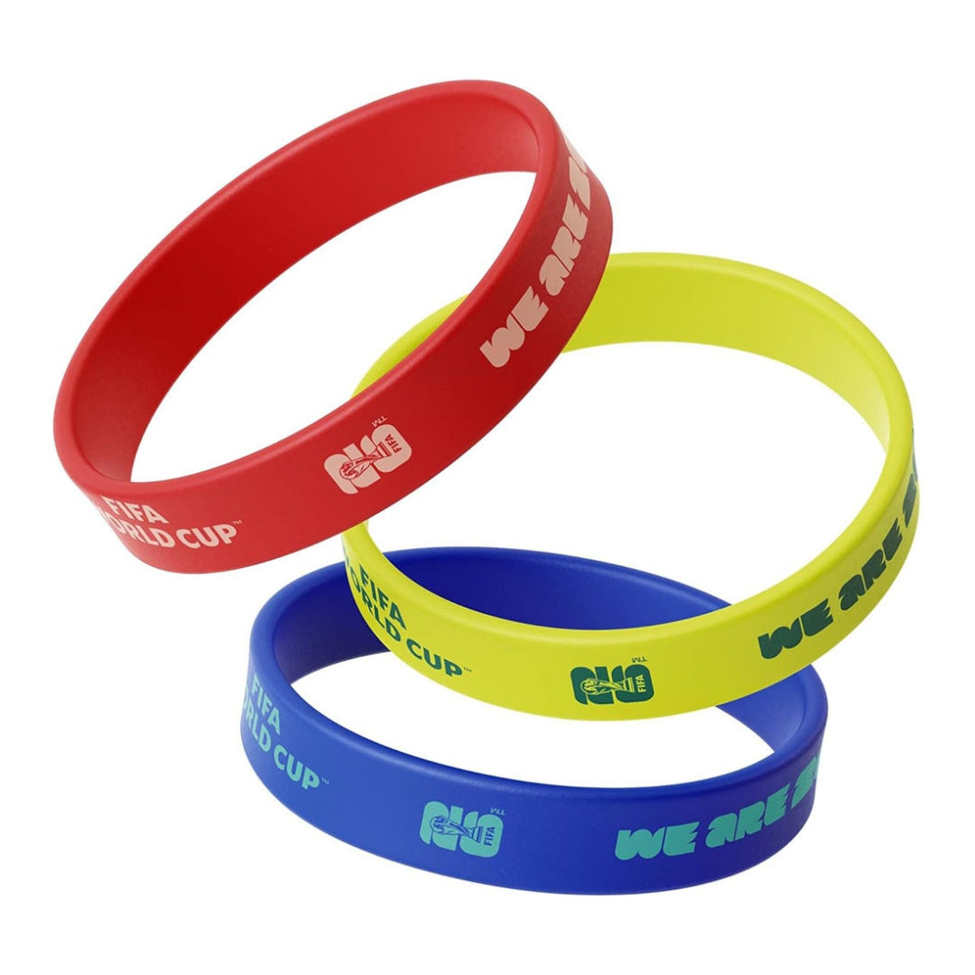 Three colorful wristbands with 'FIFA World Cup' text on a white background