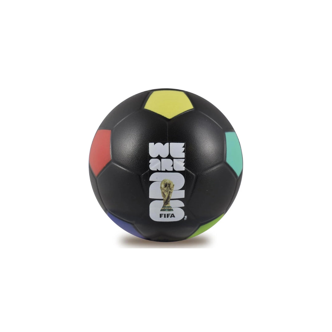 Black soccer ball with colorful hexagonal panels and FIFA branding on a white background
