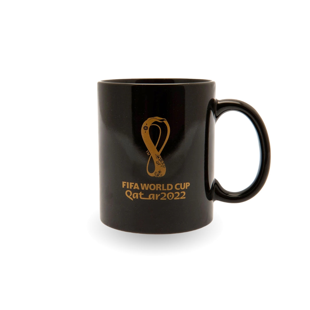 Black mug with FIFA World Cup Qatar 2022 logo on a white background