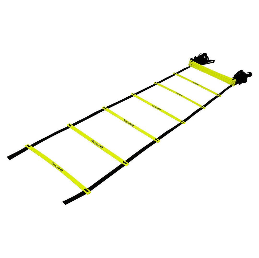A black agility ladder with bright yellow webbing straps, shown diagonally on a plain white background.