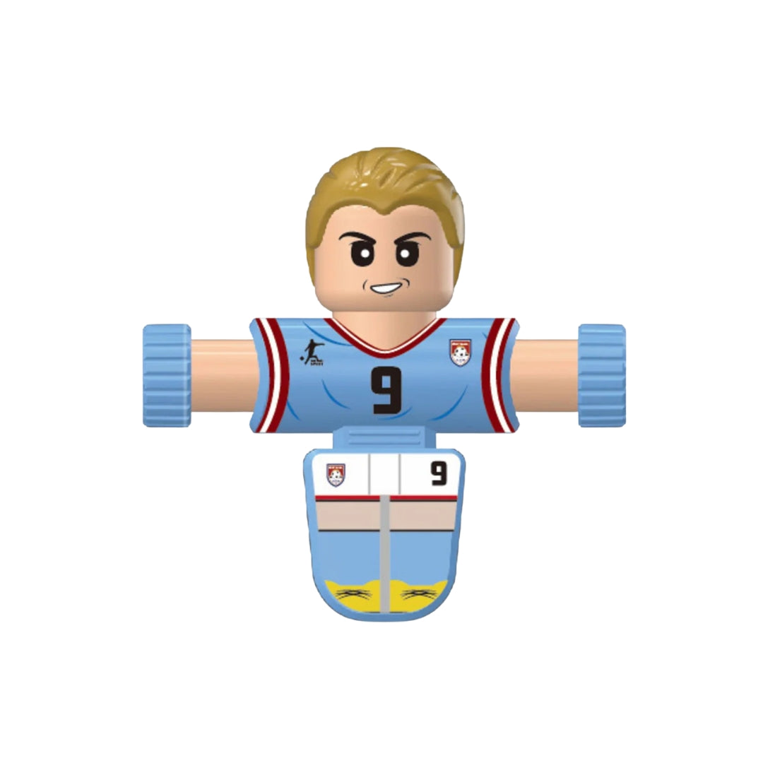 Toy figure of a soccer player in a blue jersey with number 9 on a white background