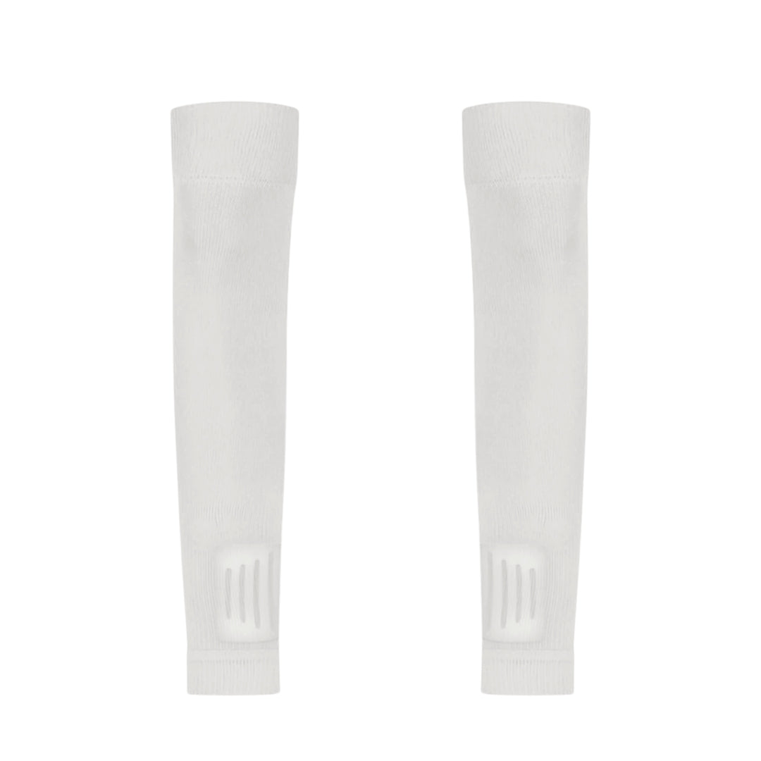 Two white arm sleeves with a brand logo on a white background