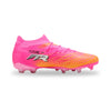 Pink and orange soccer cleat with 'Future' branding on a white background