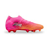 Pink and orange soccer cleat with 'Future' branding on a white background