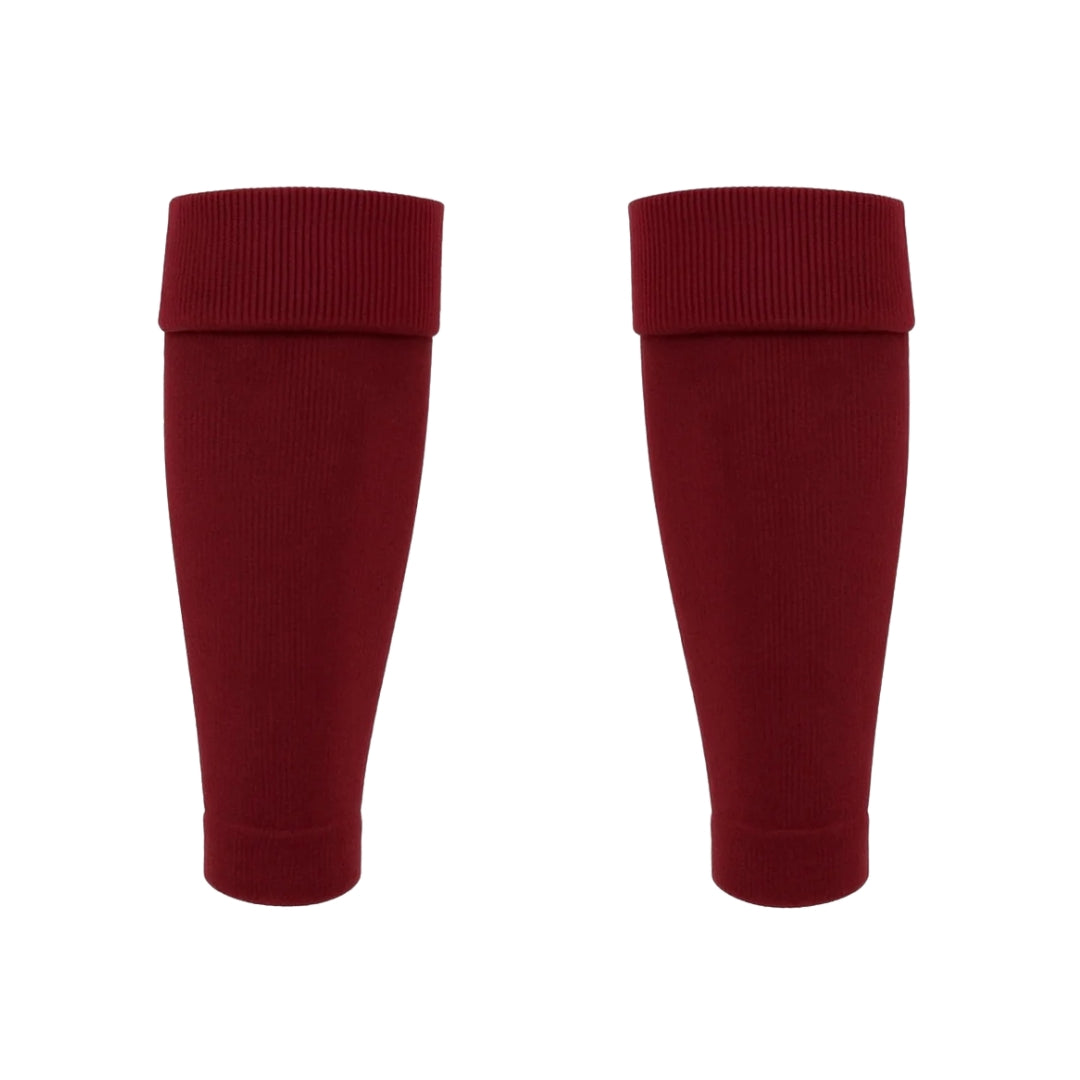 Pair of maroon knee-high socks on a white background