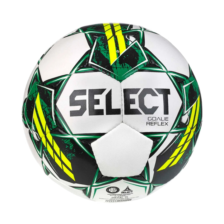 Green, black, and white soccer ball with 'Select' branding on a white background