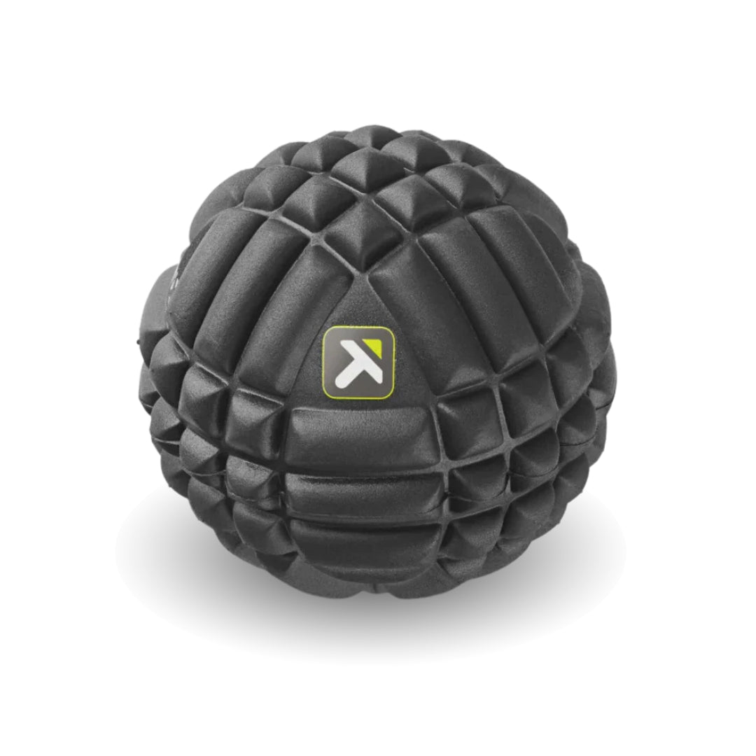 Black textured massage ball with a brand logo on a white background