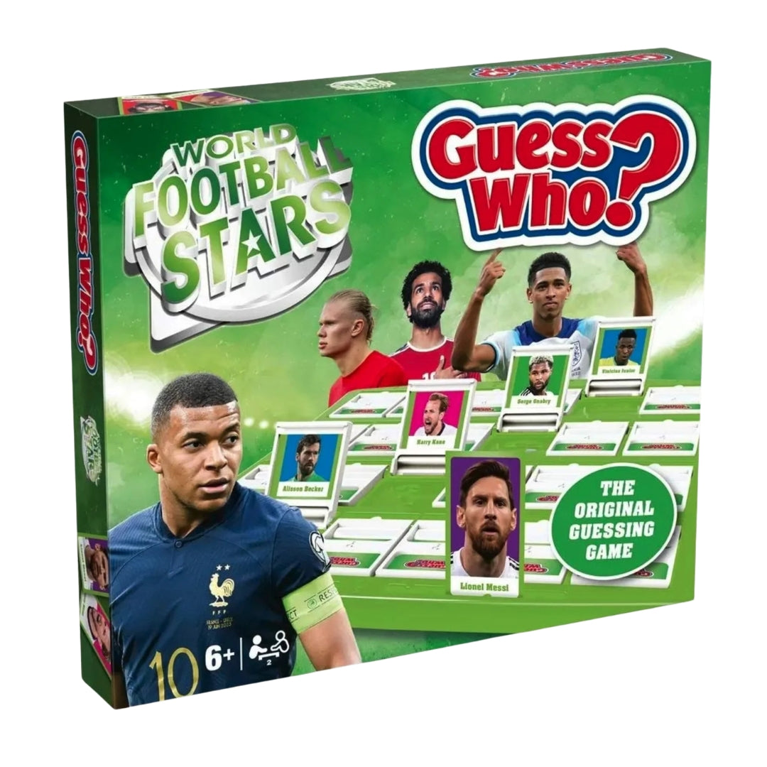 Guess Who? World Football Stars board game packaging with soccer players on a green background