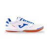 A white Joma indoor court shoe with blue accents and an orange outsole, shown in a side profile on a white background.