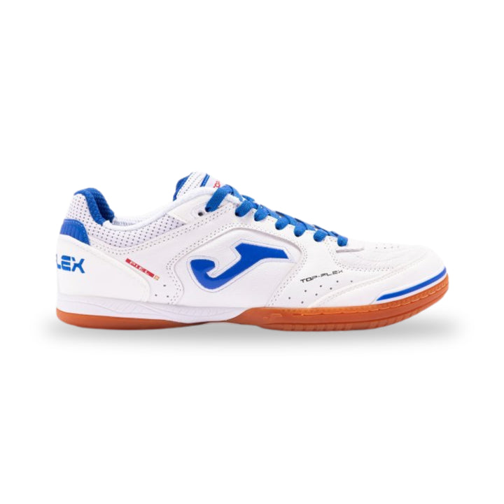 A white Joma indoor court shoe with blue accents and an orange outsole, shown in a side profile on a white background.