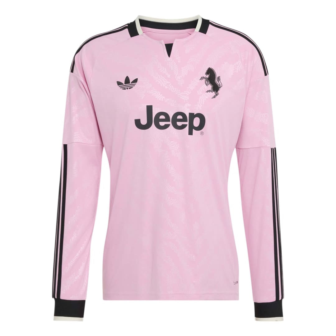 A light pink long-sleeve soccer jersey with black accents, featuring the Jeep logo on the chest, the Adidas trefoil logo, and the Ferrari prancing horse emblem. The jersey has black stripes down the sleeves and black trim at the collar and cuffs.