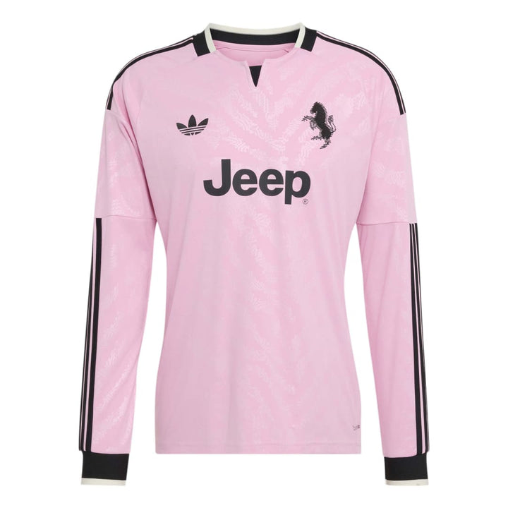 A light pink long-sleeve soccer jersey with black accents, featuring the Jeep logo on the chest, the Adidas trefoil logo, and the Ferrari prancing horse emblem. The jersey has black stripes down the sleeves and black trim at the collar and cuffs.