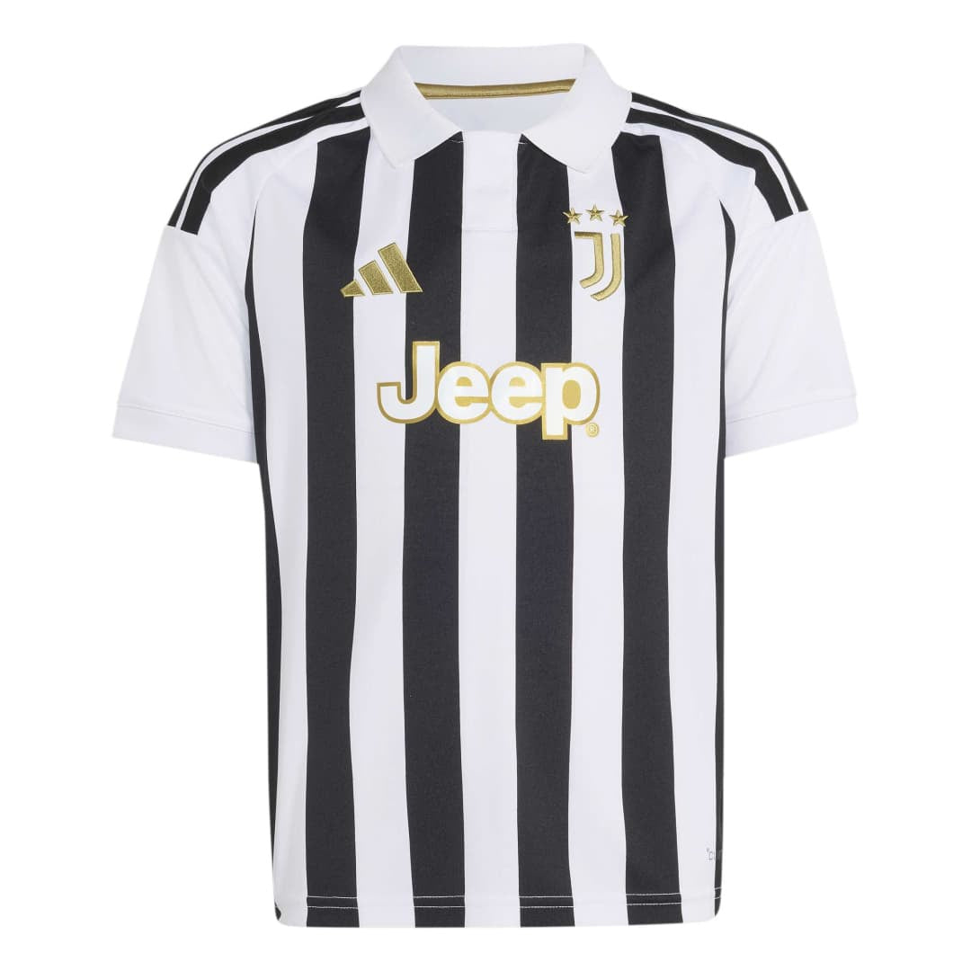 Black and white striped soccer jersey with Adidas and Juventus logos on a white background