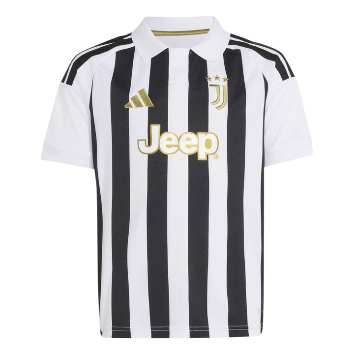 Black and white striped soccer jersey with Adidas and Juventus logos on a white background