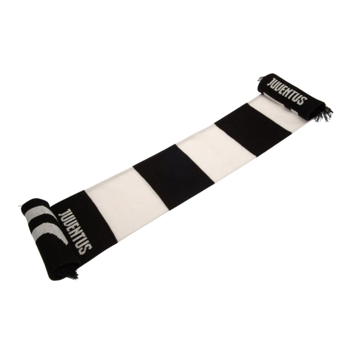 Black and white striped scarf with 'Juventus' branding on a white background