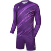 A long sleeve purple goalkeeper jersey and matching shorts with padding, designed for adults.
