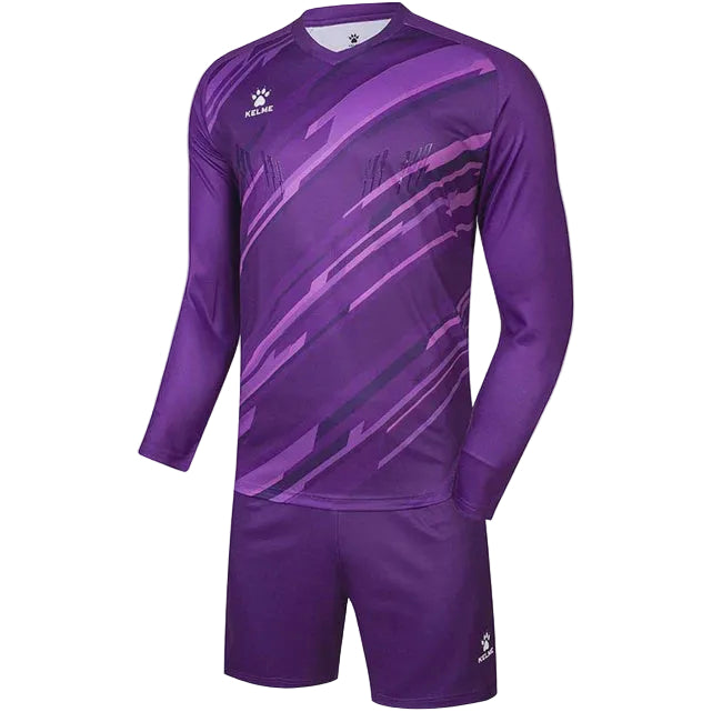 A long sleeve purple goalkeeper jersey and matching shorts with padding, designed for adults.