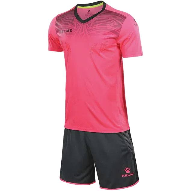 A short sleeve goalkeeper jersey and shorts set in pink and black with a swirling spiral design, featuring padded areas on the jersey and the brand logo on the shorts.